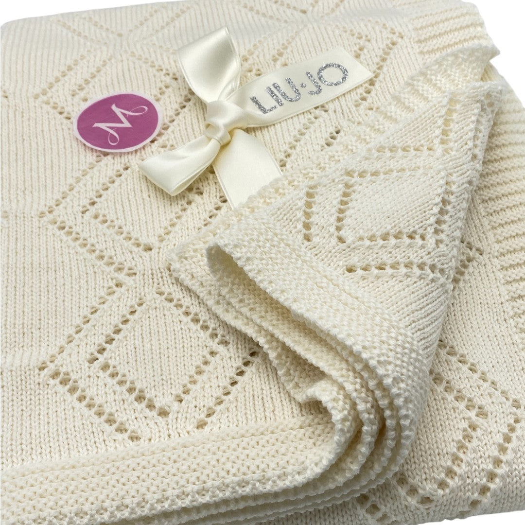 Liu Jo Baby Copertina Carrozzina in Lana Merinos Quadrucci Avorio BL242B 00067