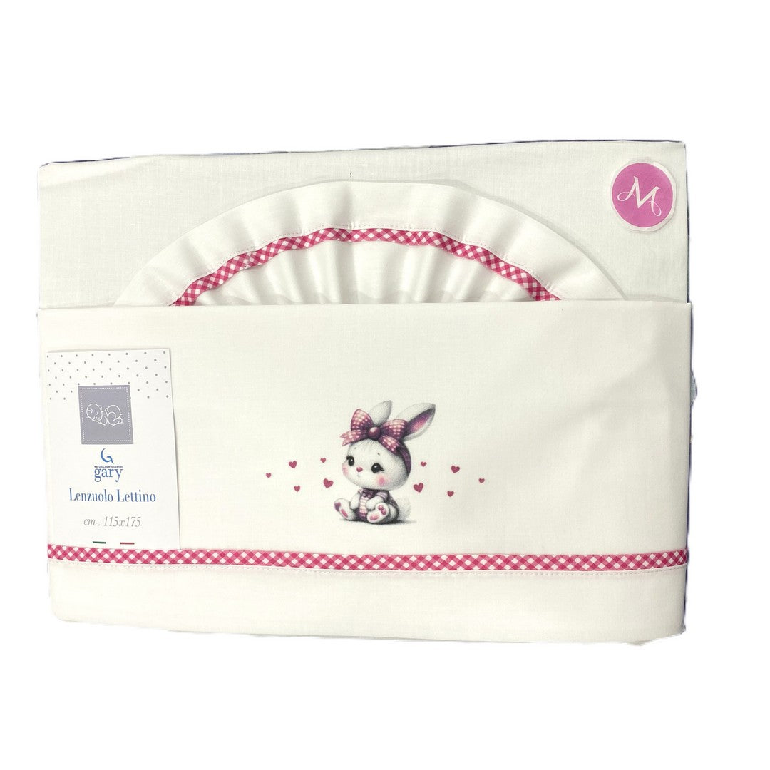 Gary Lenzuolino Neonato 100%cotone tinta unita stampa coniglietto amarena115x175