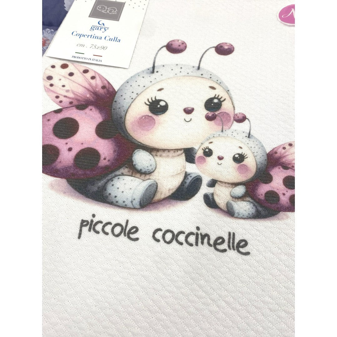 Gary Copertina Neonato 100% cotone tinta unita stampa coccinelle violetto 75x90