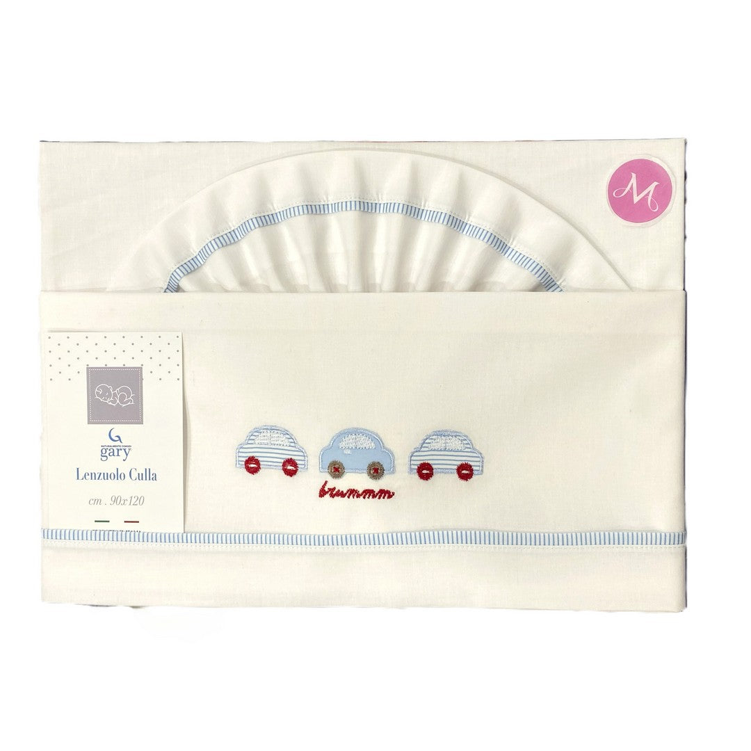 Gary Lenzuolino Neonato 100% cotone tinta unita ricamo macchinina celeste 90x120