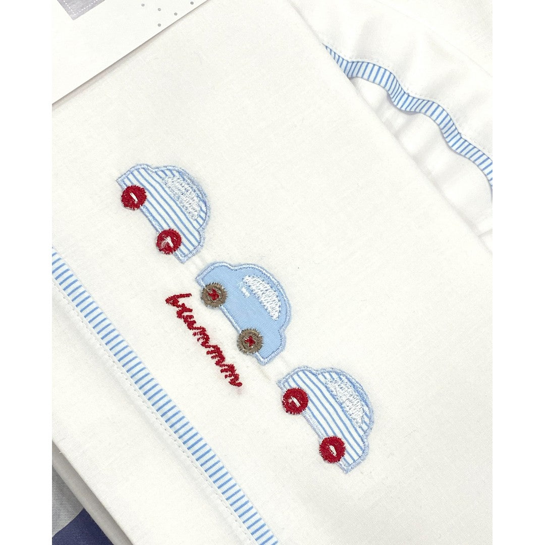 Gary Lenzuolino Neonato 100%cotone tinta unita ricamo macchinine celeste 115x175