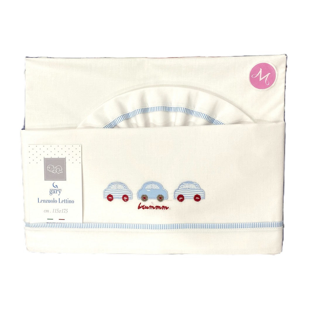 Gary Lenzuolino Neonato 100%cotone tinta unita ricamo macchinine celeste 115x175