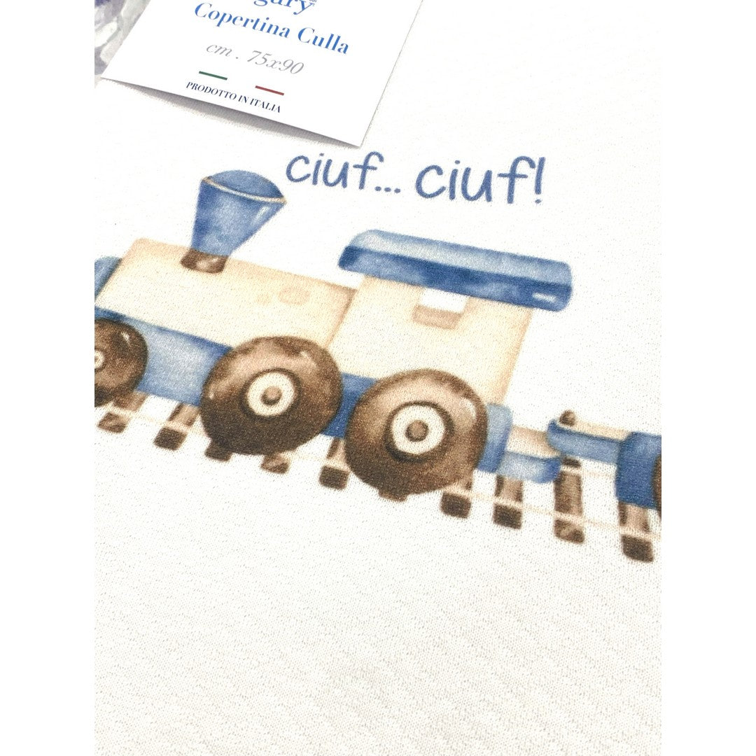 Gary Copertina Neonato 100% cotone tinta unita stampa trenino acciaio 75x90