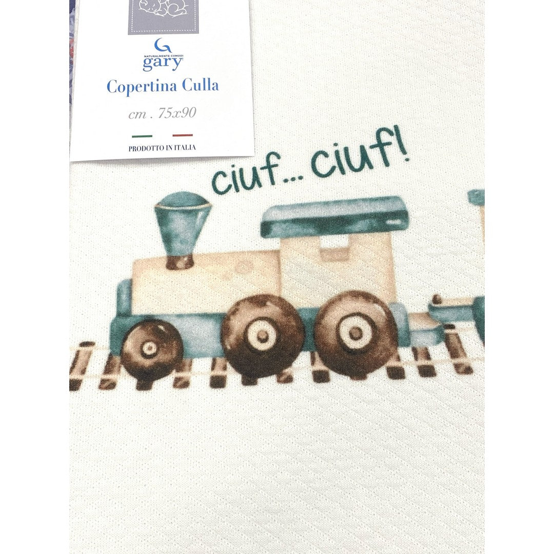 Gary Copertina Neonato 100% cotone tinta unita stampa trenino verde 75x90
