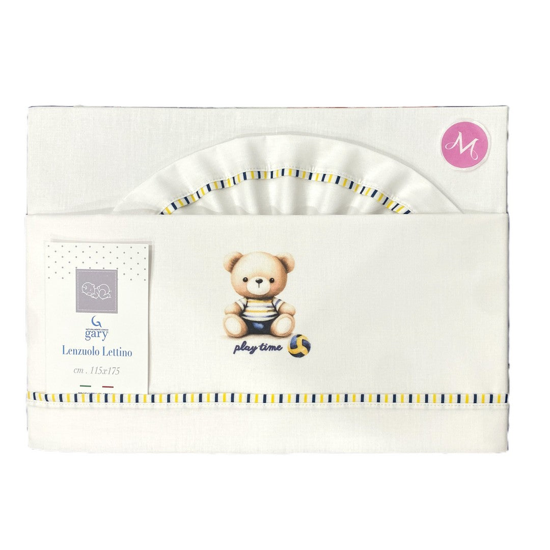 Gary Lenzuolino Neonato 100% cotone tinta unita stampa orsetto giallo/blu115x175