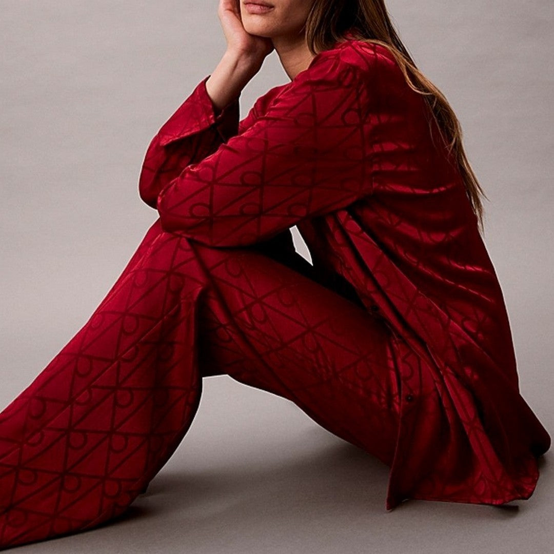 Calvin Klein Donna Camicia Pigiama con Stampa - Satin Sheen - Sabbia