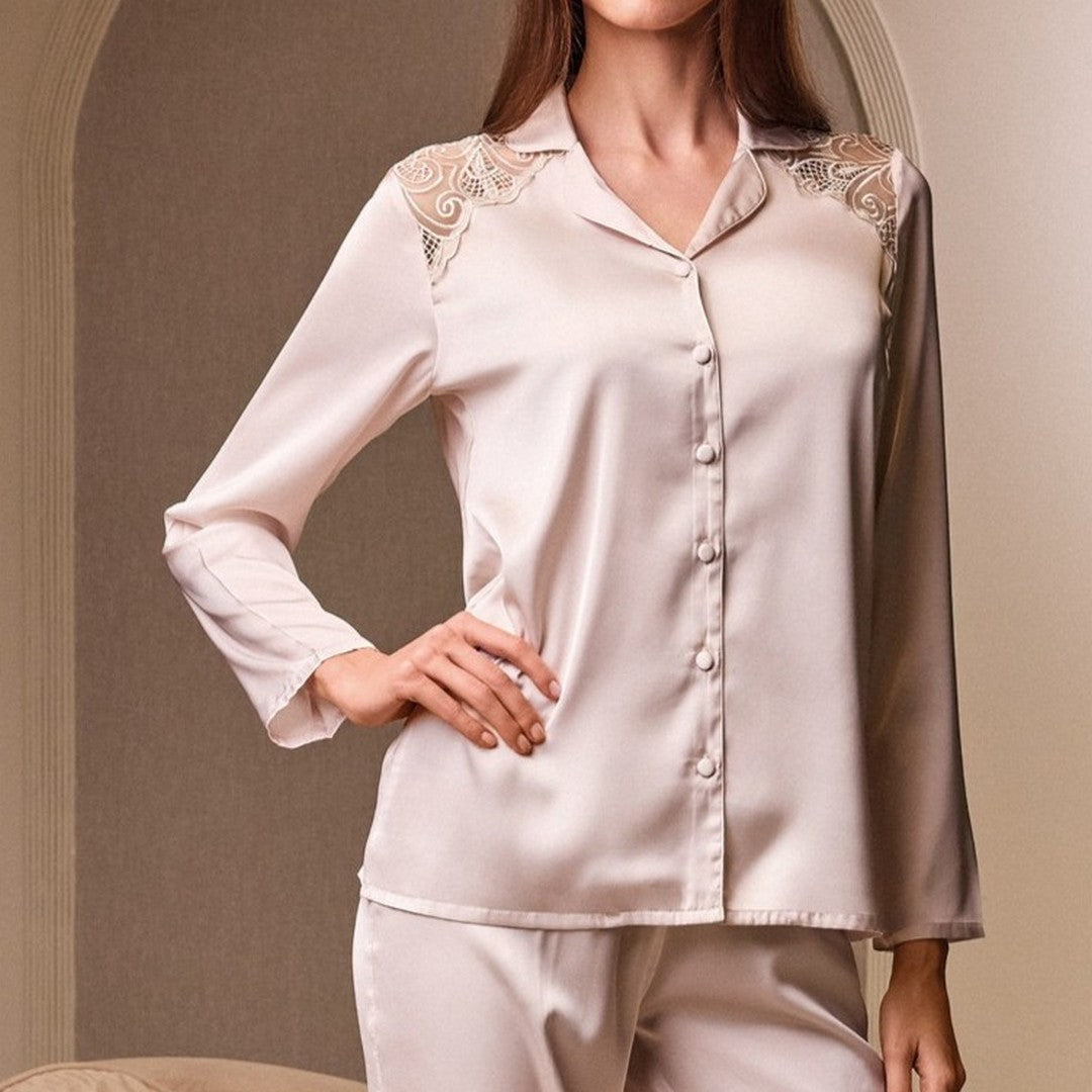 Lormar Pigiama donna in raso effetto seta aperto con inserti ricamati