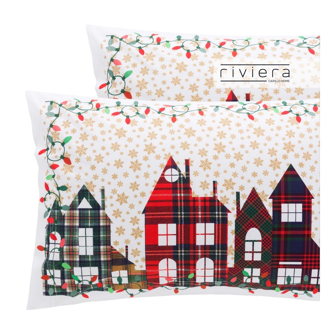 Riviera Coppia Federe in Puro Cotone Stampa Natalizia Casette