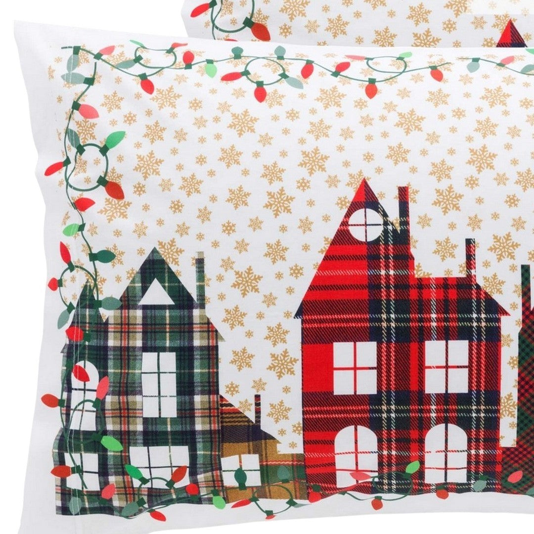 Riviera Coppia Federe in Puro Cotone Stampa Natalizia Casette