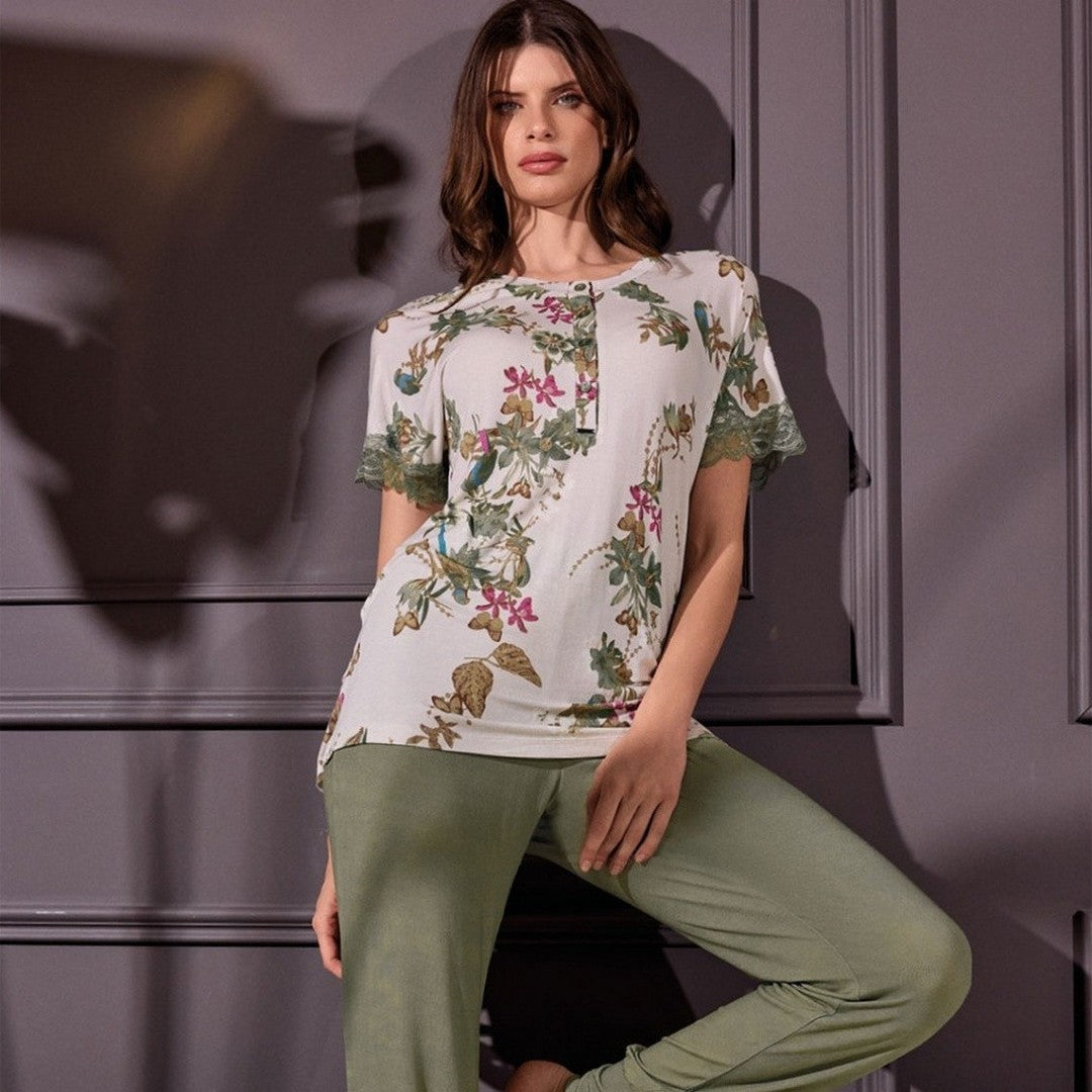Lormar Pigiama donna in viscosa Manica Corta Pantalone Lungo
