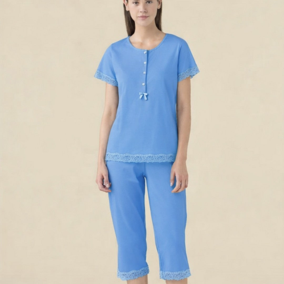 Noidinotte Pigiama Donna Cotone Manica Corta Pantalone Pescatore