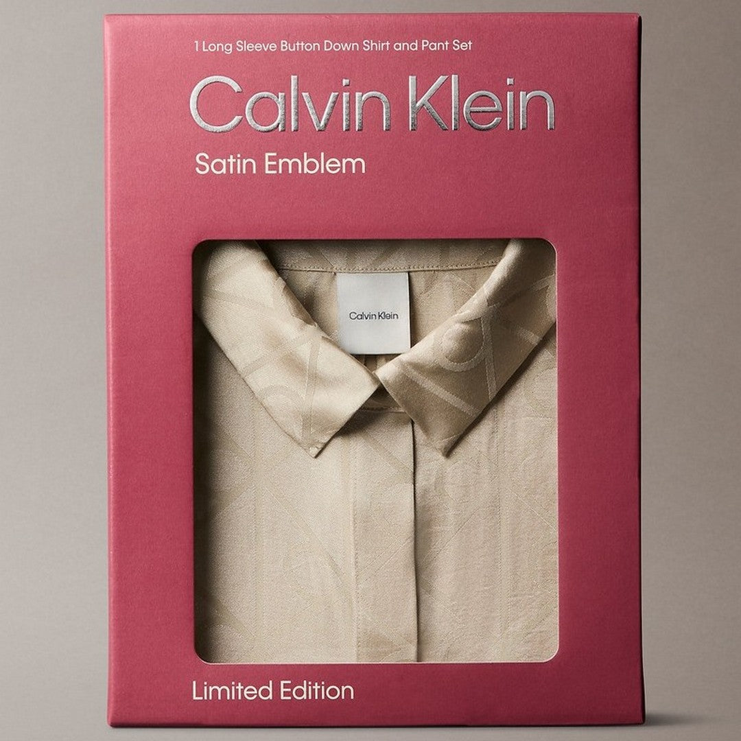 Calvin Klein Donna Camicia Pigiama con Stampa - Satin Sheen - Sabbia