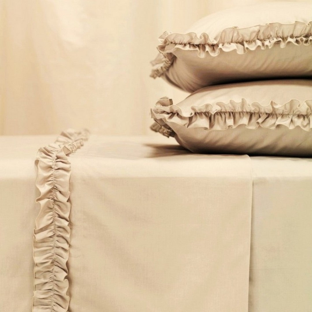 Riviera Completo Matrimoniale Lenzuola Nives con rouches tortora-LN09540301