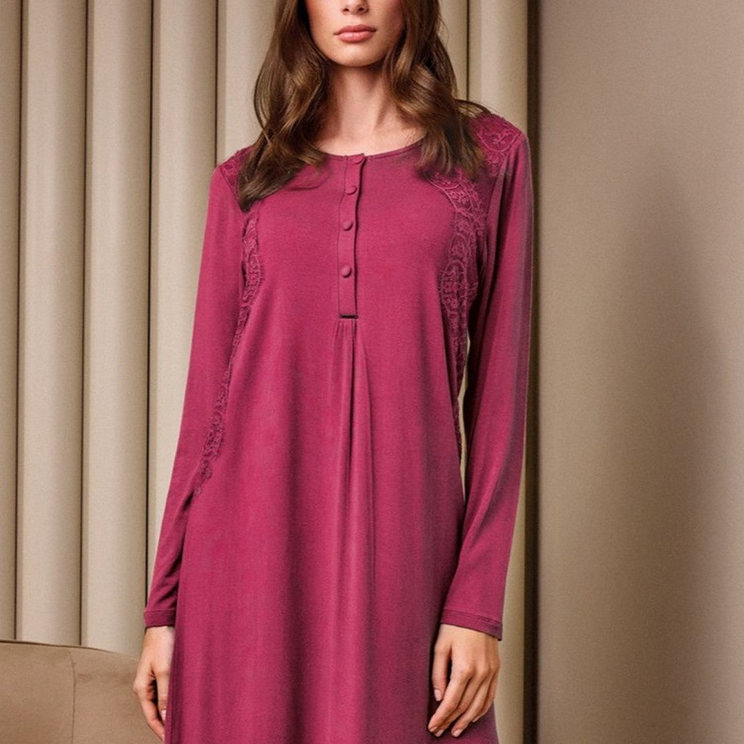 Lormar Camicia da Notte donna 4 bottoni in viscosa pesante e pizzo