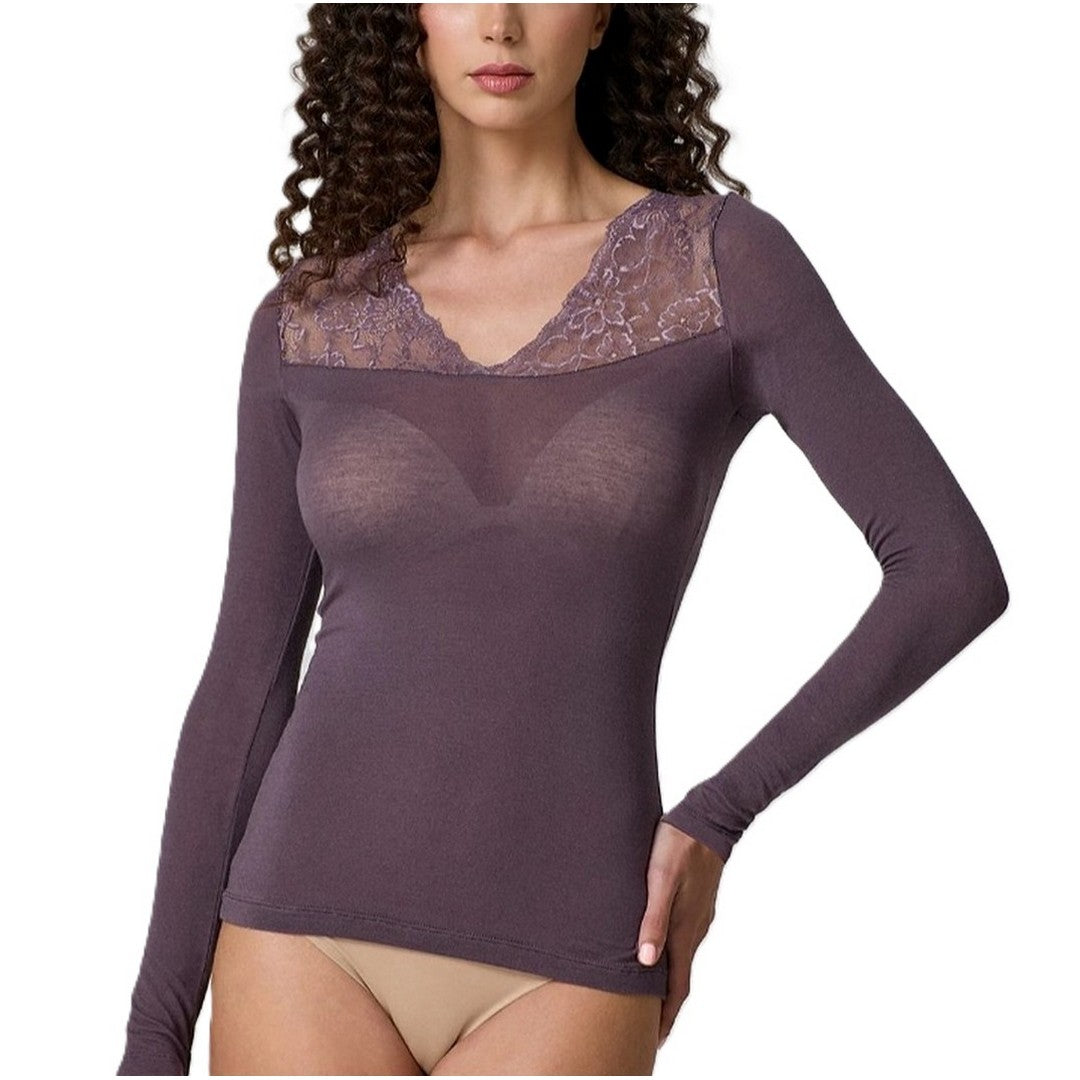 Jadea Donna Maglia in Cashmere Scollo a V con Inserto Pizzo