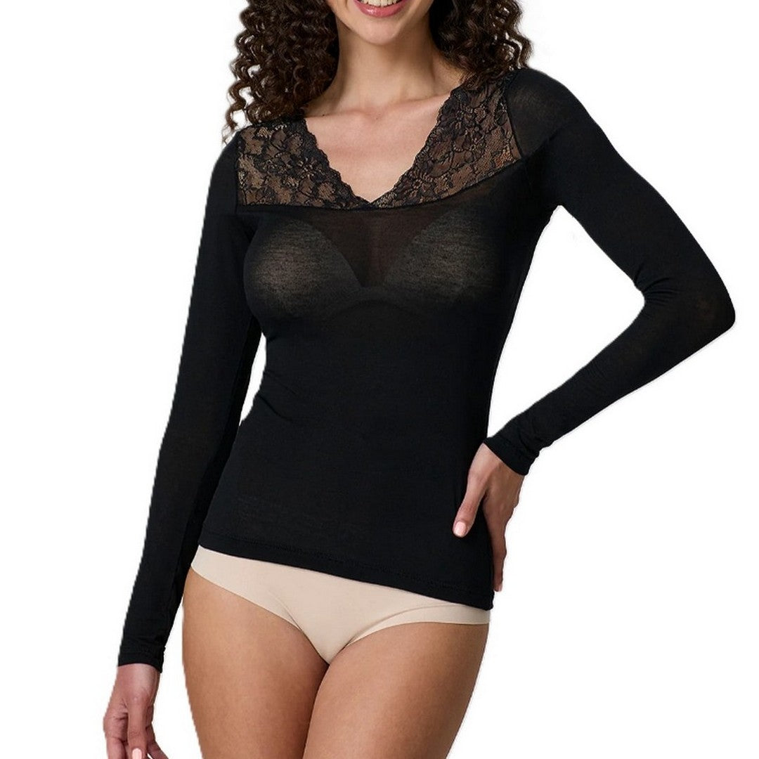 Jadea Donna Maglia in Cashmere Scollo a V con Inserto Pizzo