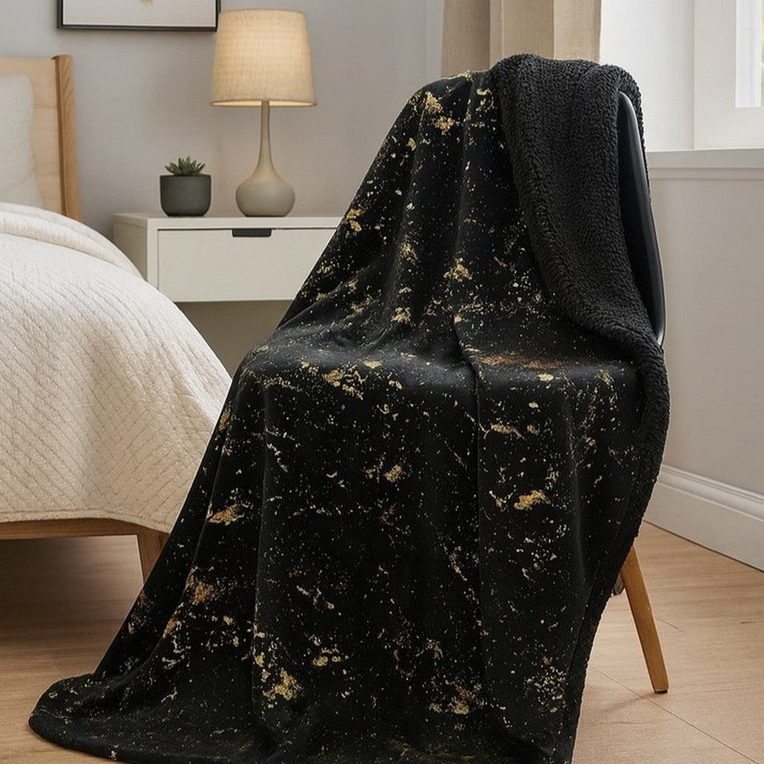 Linea Oro Plaid  Dubai Nero e Oro con Retro Effetto Lana Morbido e Caldo