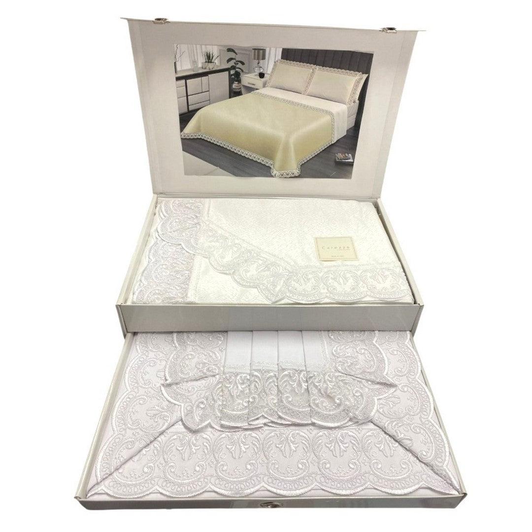 Carezze Set Lenzuola e Copriletto Matrimoniale Antigue Bianco