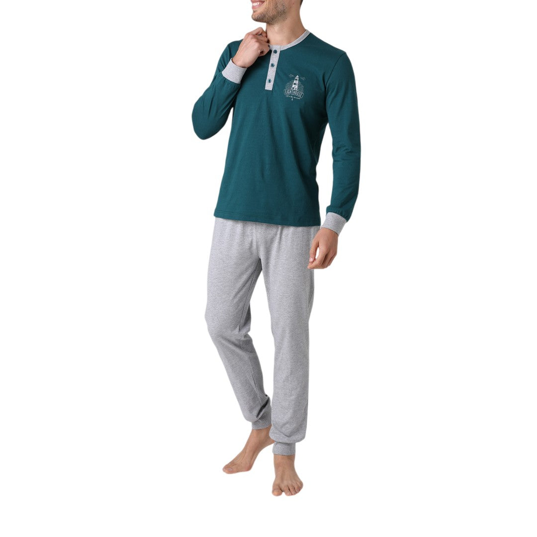 Normann Pigiama Uomo Maniche Lunghe Con Polsini E Pantaloni A Quadretti – Jersey Di Cotone 100%, Azzurro, Taglia 60, OEKO-TEX