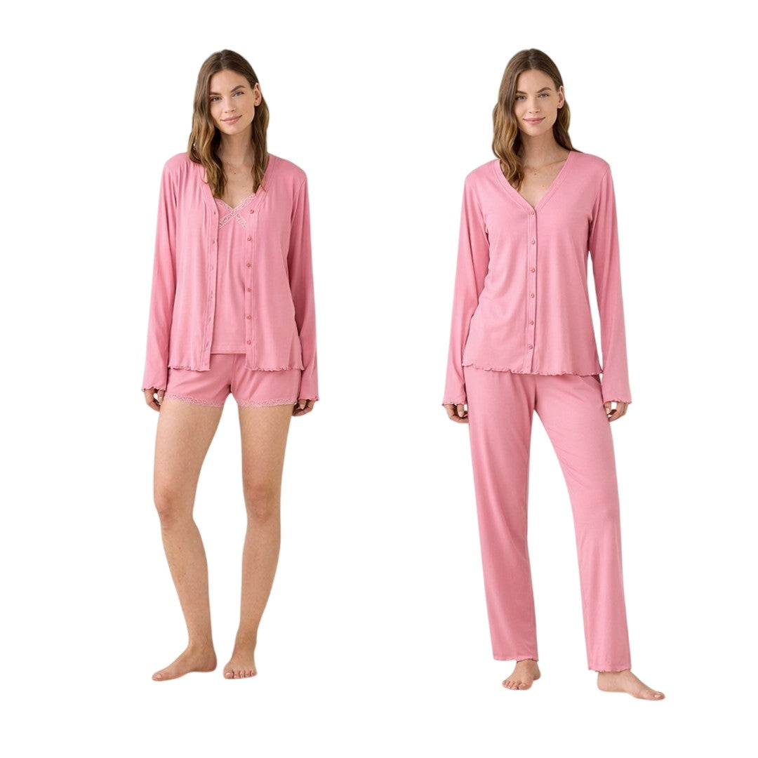 Noidinotte Completo Donna 4 Pz Pigiama Lungo e Corto in Costina Viscosa